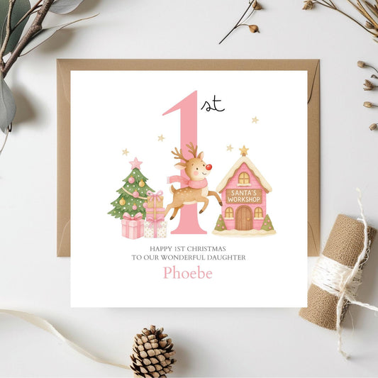 Personalised First Christmas Reindeer Card For Girl | Pink 1st Christmas Card for child |2025 Christmas Card | Christmas Card for daughter