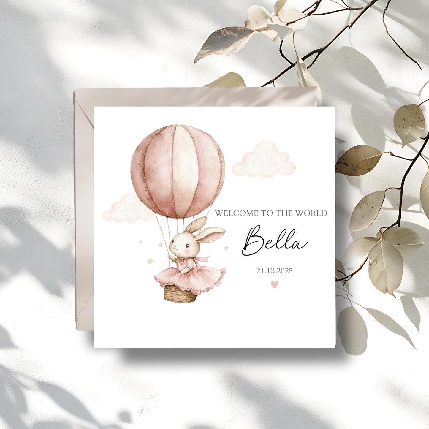 Personalised New Baby Card Bunny , Welcome to the World Card, New Baby Bunny Card, Balloon Baby Card, New Granddaughter, Niece, Sister Card
