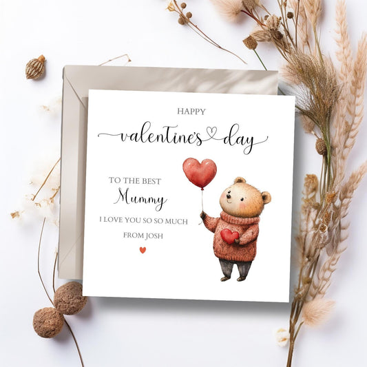 Personalised Mummy Valentines Day Card, Valentines Day Card for Grandma, Bear Balloon Valentine's Card for Mum, Grandma, Any Relation