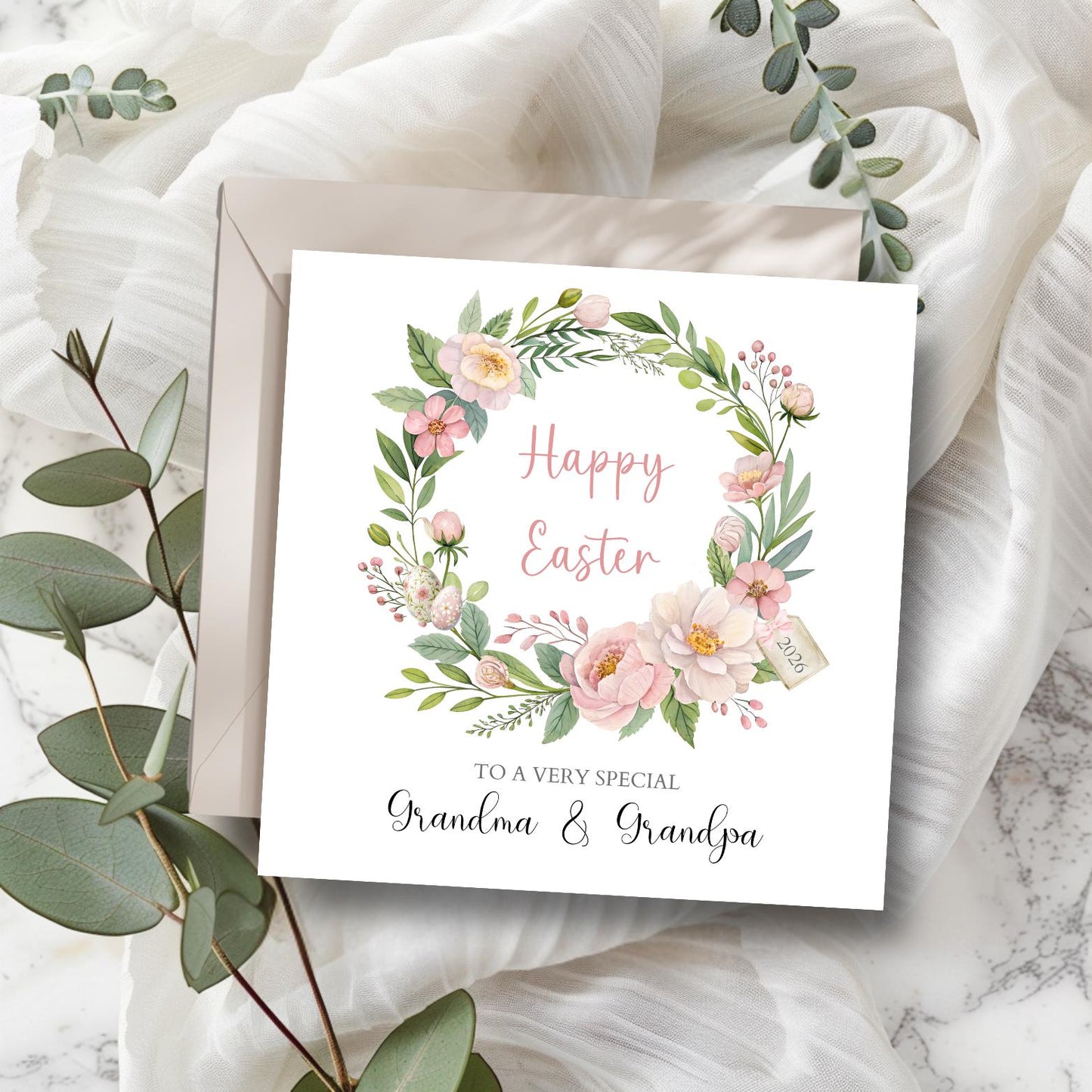 Personalised Couple Easter Card, Floral Wreath Easter Card, Mum Easter Card, Easter Card For Grandparents, Aunty, Uncle, Any Relation