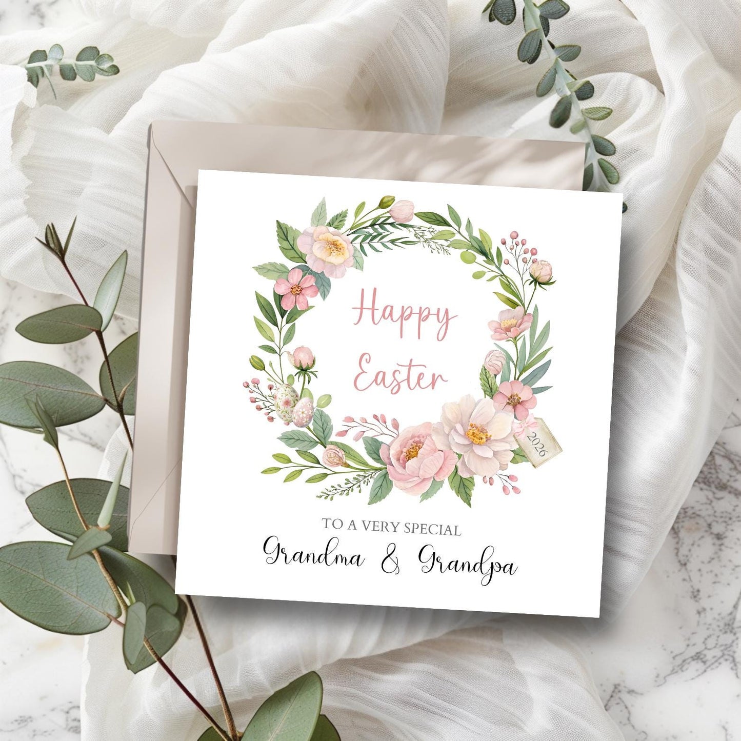Personalised Mum and Dad Easter Card, Floral Wreath Easter Card, Mum Easter Card, Easter Card For Grandparents, Aunty, Uncle, Any Relation