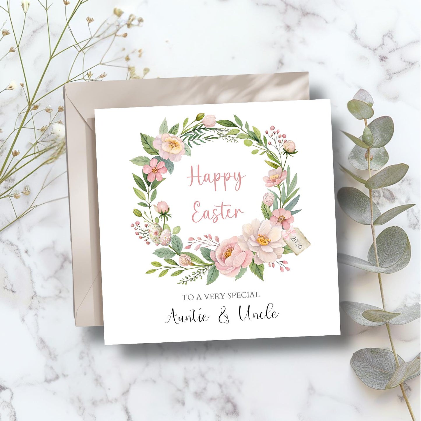 Personalised Mum and Dad Easter Card, Floral Wreath Easter Card, Mum Easter Card, Easter Card For Grandparents, Aunty, Uncle, Any Relation
