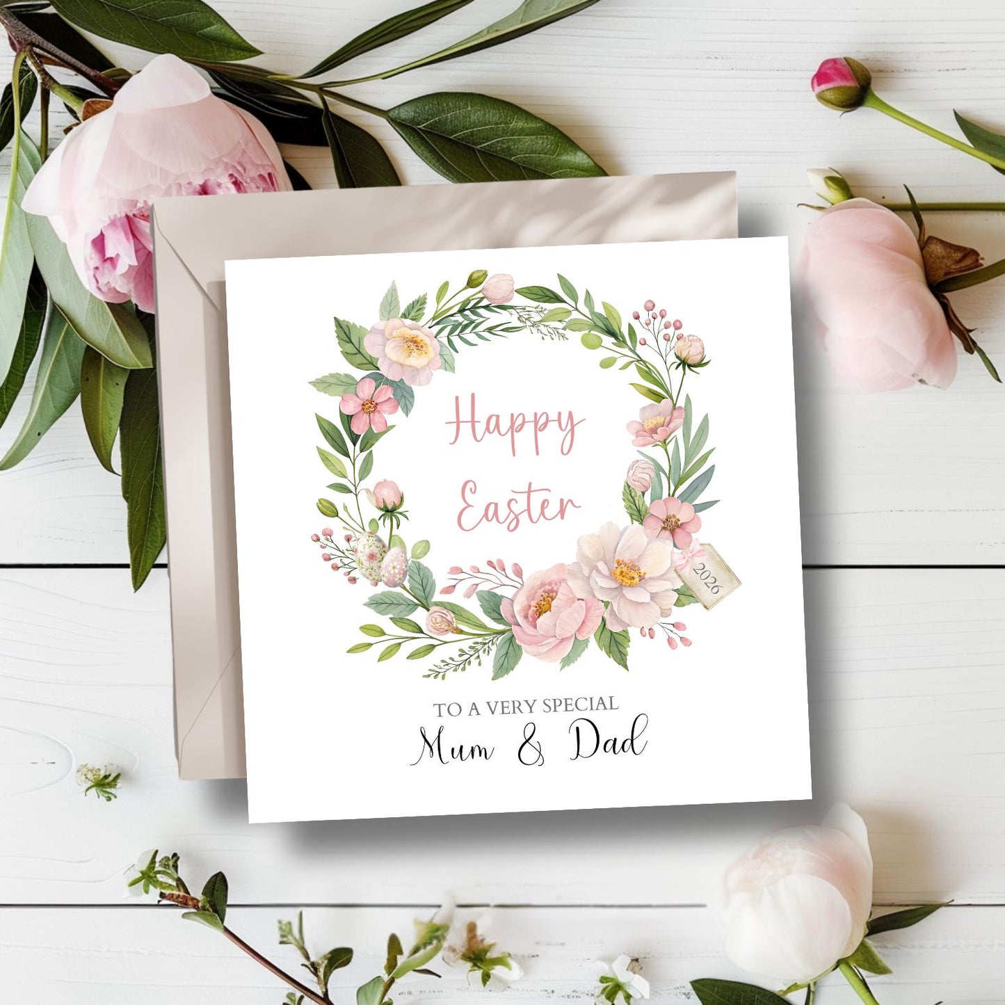 Personalised Mum and Dad Easter Card, Floral Wreath Easter Card, Mum Easter Card, Easter Card For Grandparents, Aunty, Uncle, Any Relation