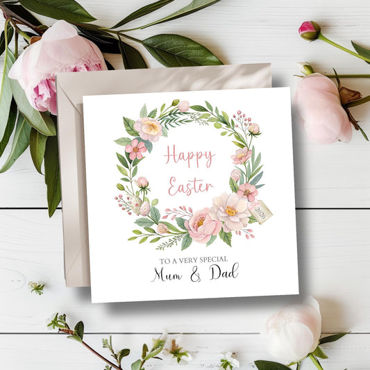 Personalised Mum and Dad Easter Card, Floral Wreath Easter Card, Mum Easter Card, Easter Card For Grandparents, Aunty, Uncle, Any Relation