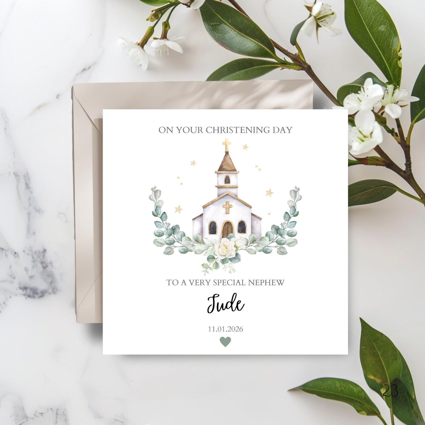 Personalised Boy or Girl Christening Card: Greenery Church Baptism, Christening Card for Goddaughter, Goddaughter, Grandson, Granddaughter