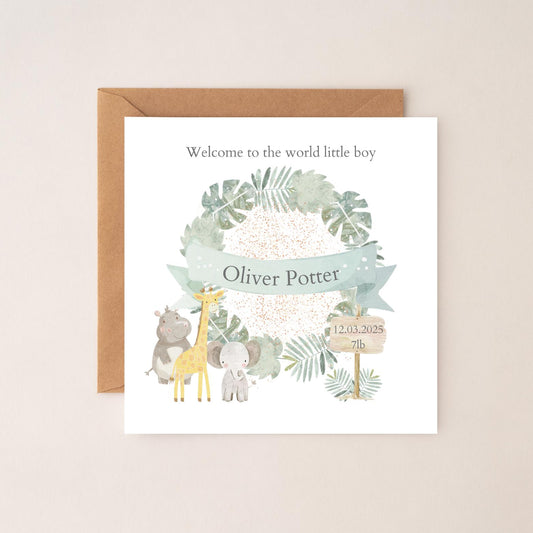 Personalised New Baby Card - Neutral Welcome to the World Card - Safari Animal Baby Card- Personalised Newborn Card