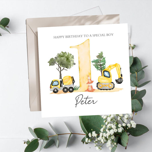 Personalised First Birthday Digger Card-Construction Birthday Card -Personalised 2nd Birthday Construction Digger Birthday Card-Tractor Card