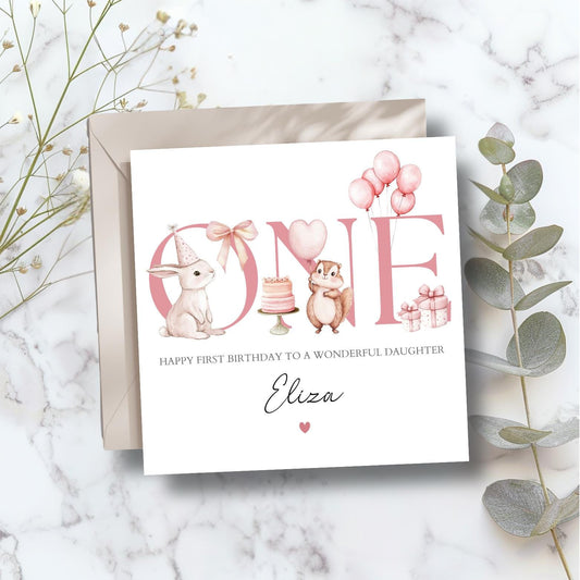 Personalised First Birthday Card |1st Birthday Pink Animal Card |1st Birthday Bunny Card for Girl |Pink 1st Birthday Card for Daughter,Niece