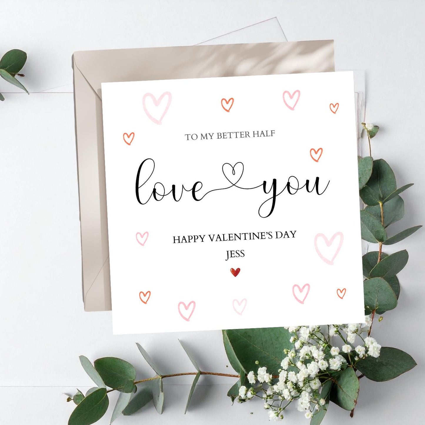 Personalised Better Half Valentines Card, Personalised Hearts Valentine Card for Wife, Girlfriend, Fiancé, Husband