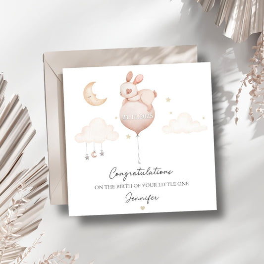 Personalised New Baby Card Bunny ,Welcome to the World Bunny Card, Balloon Baby Card, New Granddaughter, Niece, Sister, Colour Options