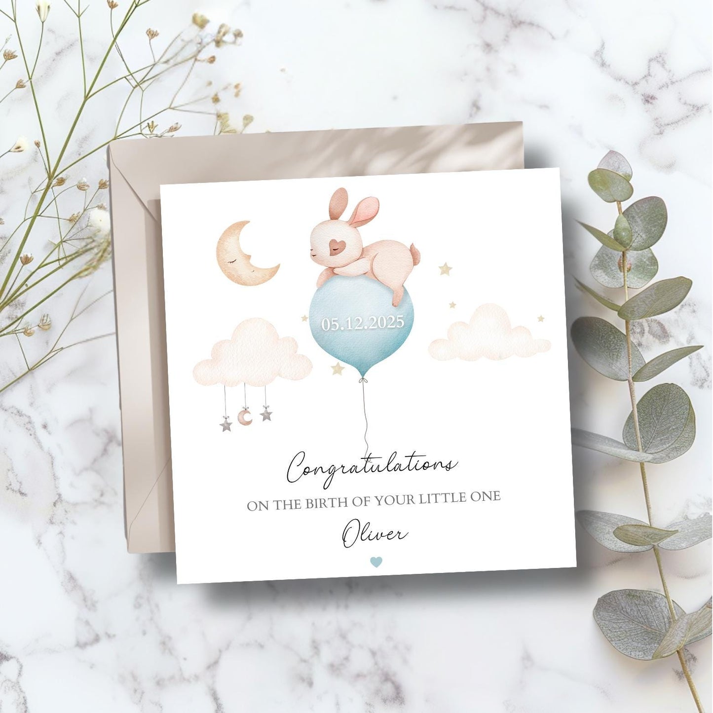 Personalised New Baby Card Bunny ,Welcome to the World Bunny Card, Balloon Baby Card, New Granddaughter, Niece, Sister, Colour Options