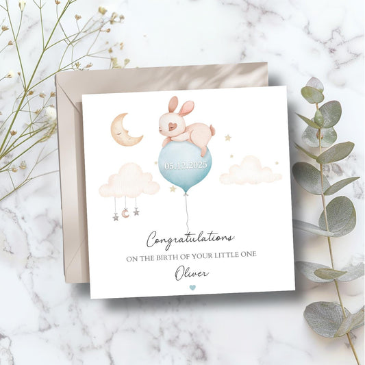 Personalised New Baby Card Bunny ,Welcome to the World Bunny Card, Balloon Baby Card, New Granddaughter, Niece, Sister, Colour Options