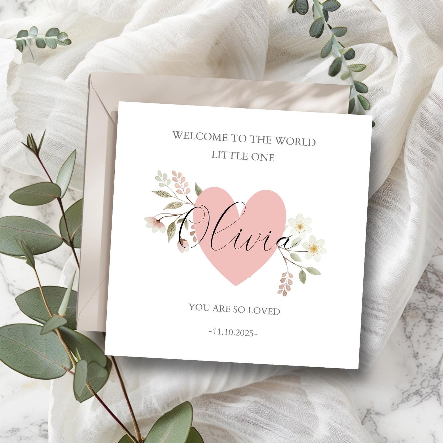 Personalised New Baby Heart Card, Personalised Floral Heart New Girl Card l Baby Girl Pink Card For Granddaughter, Niece, Goddaughter