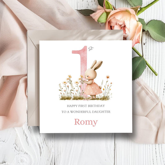 Personalised First Birthday Card Pink| 1st birthday Bunny rabbit card | Girl One Personalised Birthday Card| Pink Rabbit and Flowers Card