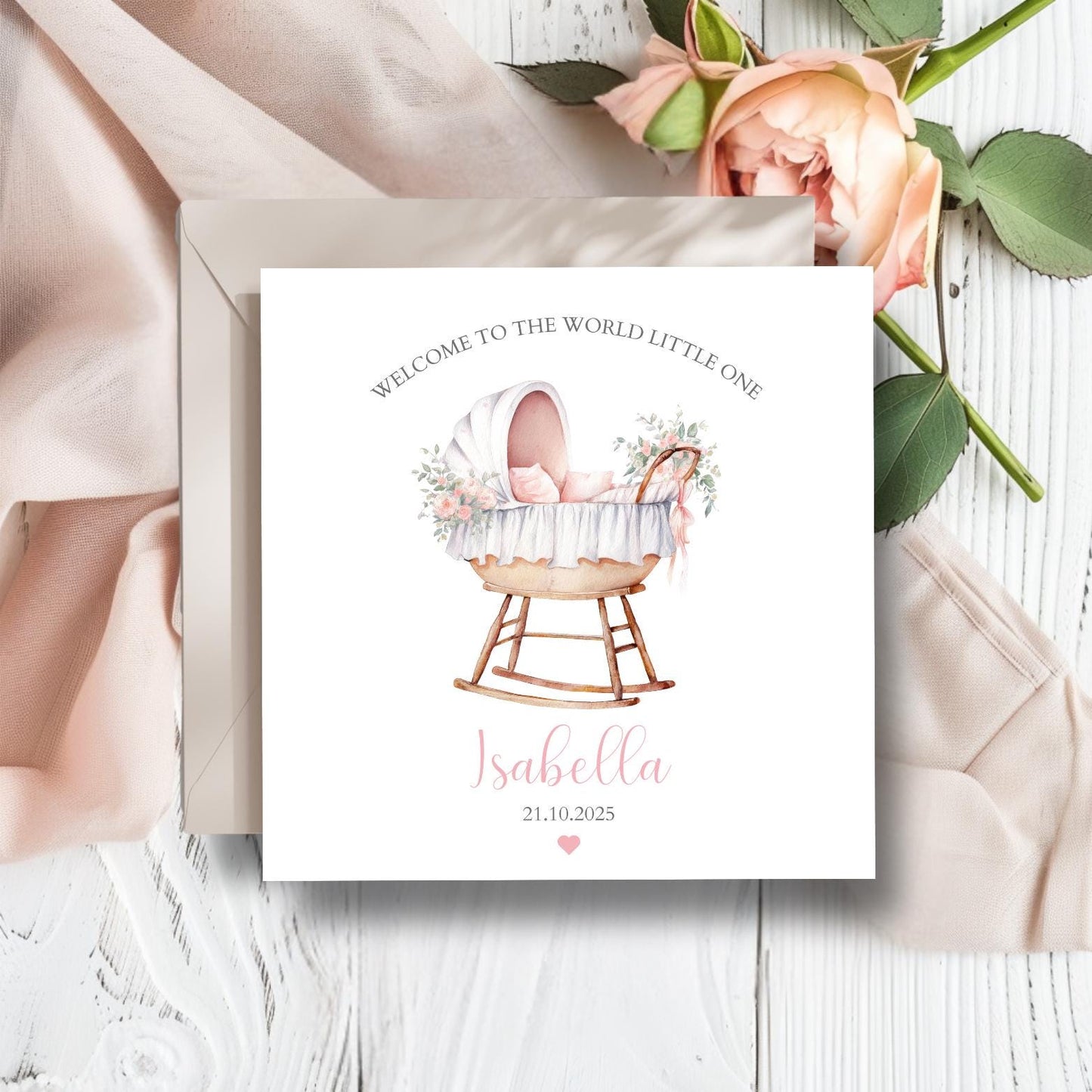 Personalised New Baby Card ,Welcome to the World Cradle Card, Pink or Blue Baby Card, New Granddaughter, Grandson, Niece, Colour Options
