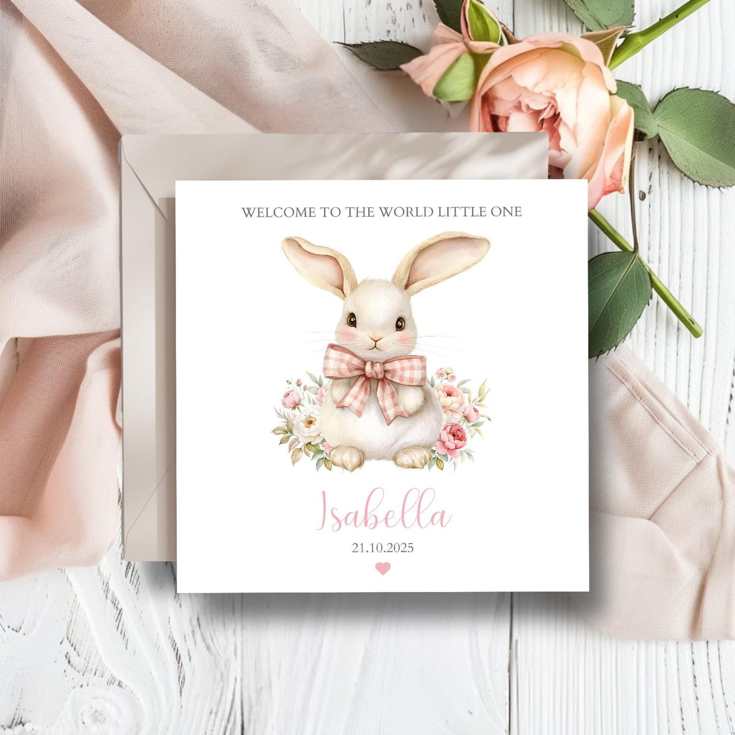Personalised New Baby Card Bunny ,Welcome to the World Bunny Card, Cute Rabbit Baby Card, New Grandson, Nephew, Brother, Colour Options