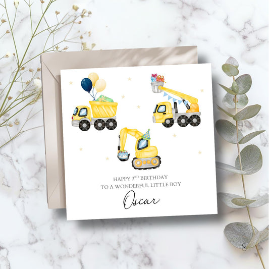Personalised Birthday Digger Card-Construction Birthday Card-Personalised 3rd Birthday Construction Digger Birthday Card-Tractor Card