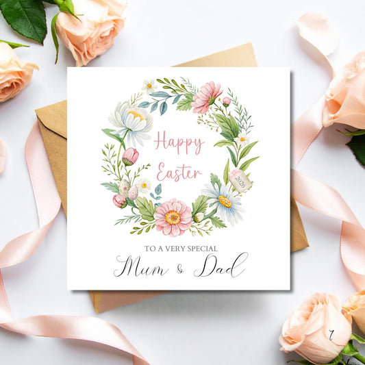 Personalised Mum and Dad Easter Card, Floral Wreath Easter Card, Mum Easter Card, Easter Card For Grandparents, Aunty, Uncle, Any Relation