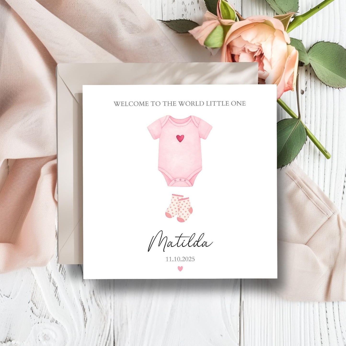 Personalised Pink New Baby Card, Welcome to the World Pink Bodysuit Card, Cute New Granddaughter Baby Card, New Sister, Niece