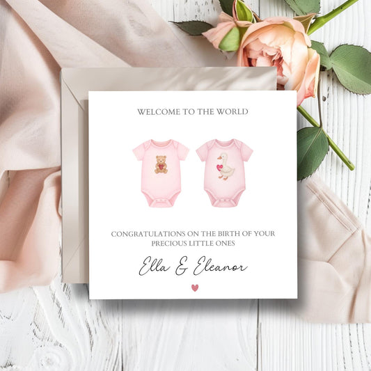 Personalised New Baby Twin Card, Personalised Baby Girl Twin Card ,Pink New Baby Twin Girls Card, Twin Girls, Welcome to the World