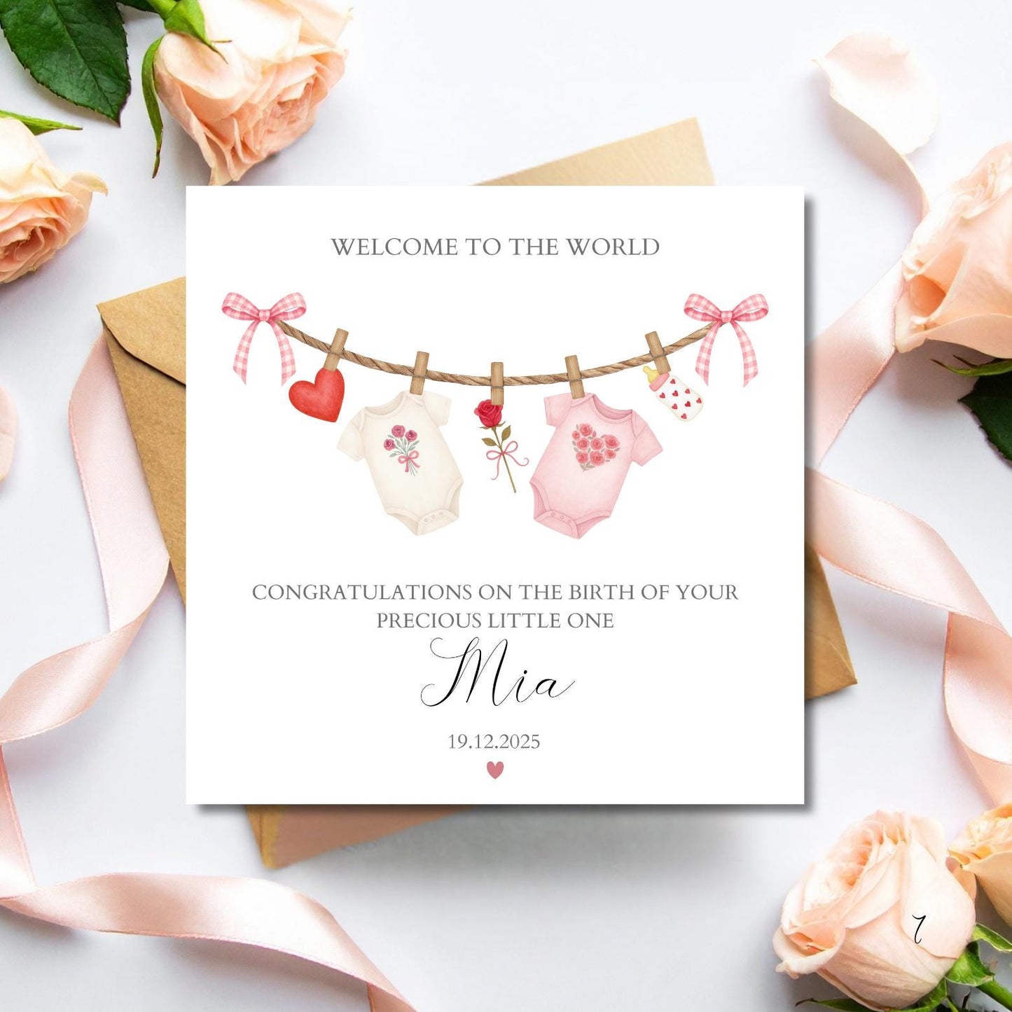 Personalised Pink New Baby Card, Welcome to the World Pink Heart Card, Cute Heart Granddaughter Baby Card, Sister, Niece,Clothes Line Design