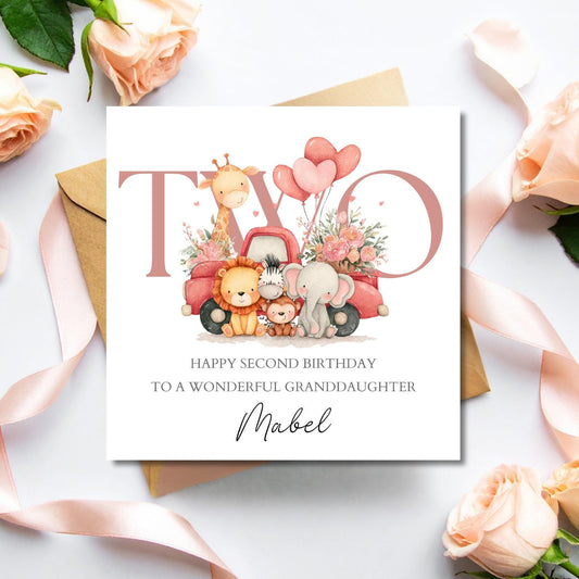 Personalised Second Birthday Card Safari Animals | Pink Heart 2nd birthday Animal Truck card | Birthday Card for Girl, Granddaughter, Niece