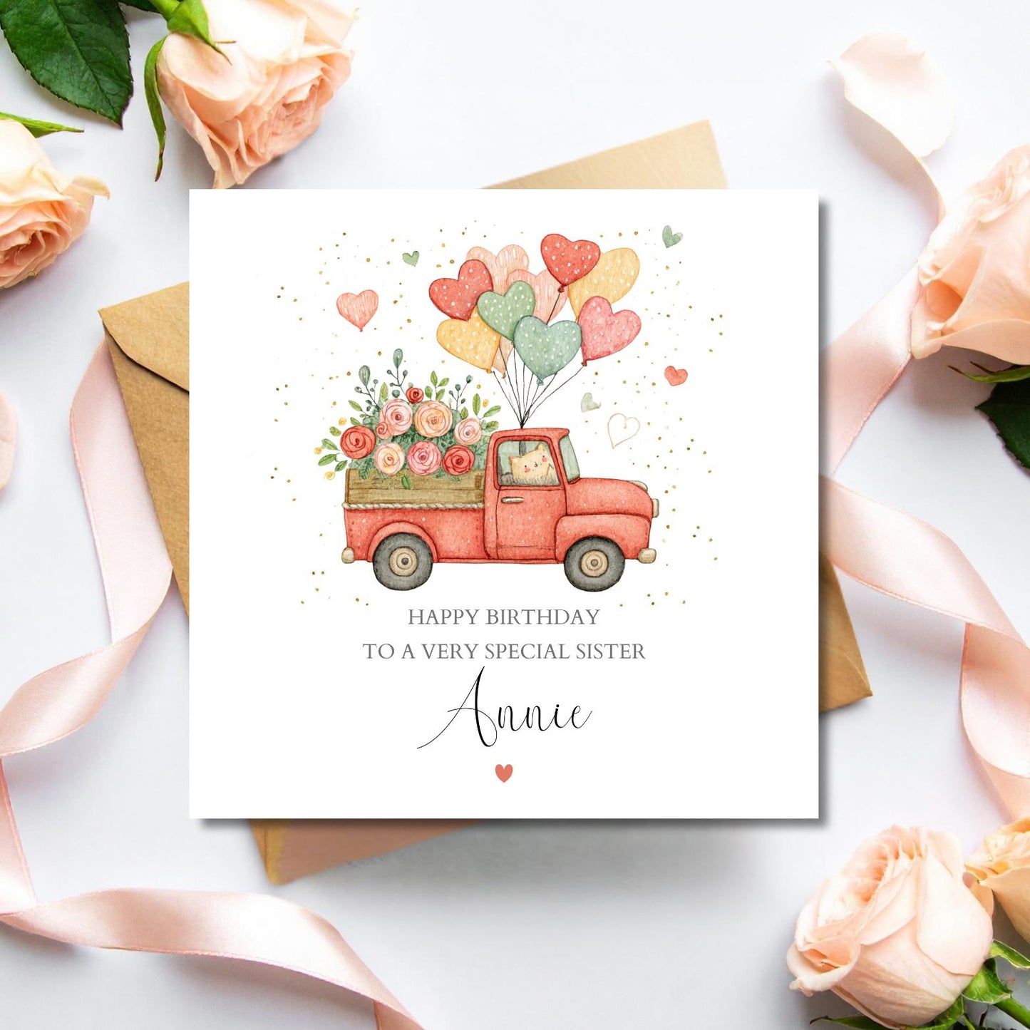 Personalised Bestie Birthday Card - Love Cat Truck Birthday Card -Best Friend Card- Birthday Card for Friend, Mum, Bestie,Any Relation