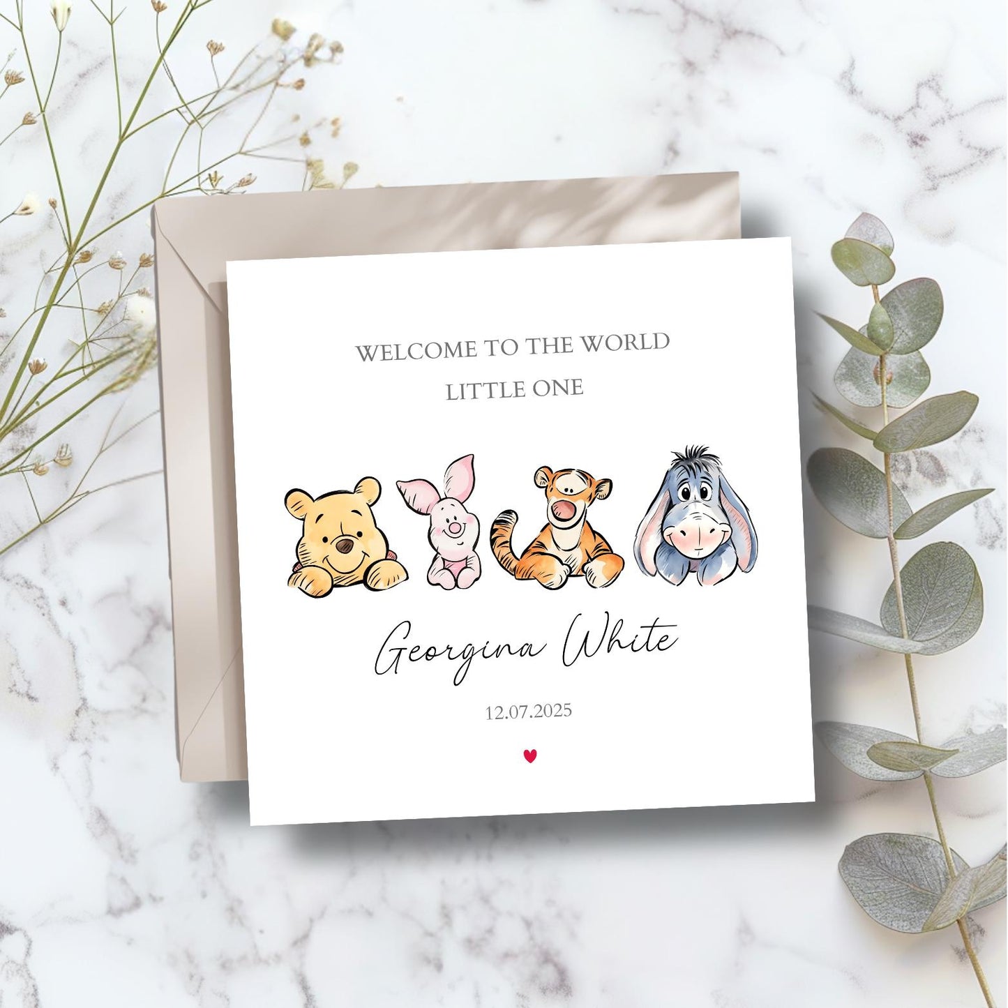Personalised New Baby Card - Winnie The Pooh Welcome to the World Card - Winnie The Pooh, Piglet, Tiger, Eeyore Baby Card