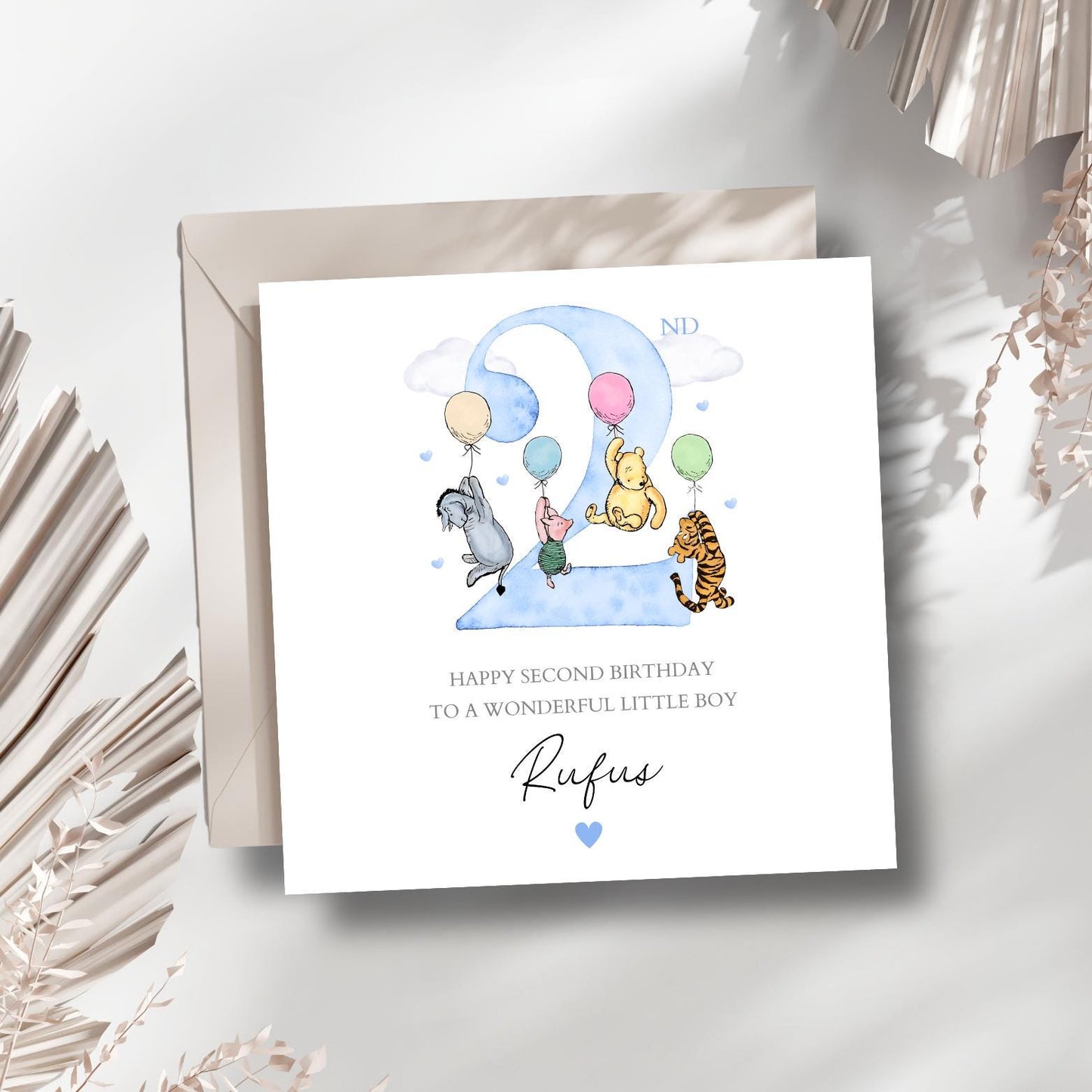 Personalised Second Birthday Winnie The Pooh Card |2nd birthday Winnie Blue card| Birthday Card for Boy, Grandson, Son, Nephew Any Relation