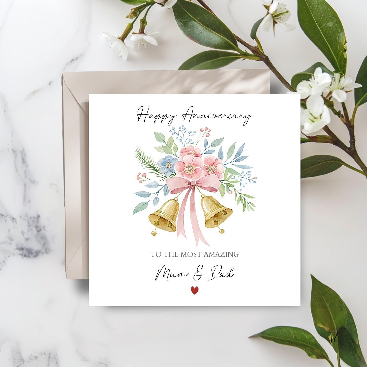 Personalised Anniversary Card for Mum and Dad, Parents Wedding Anniversary Card, Love Pink Bells Card Design