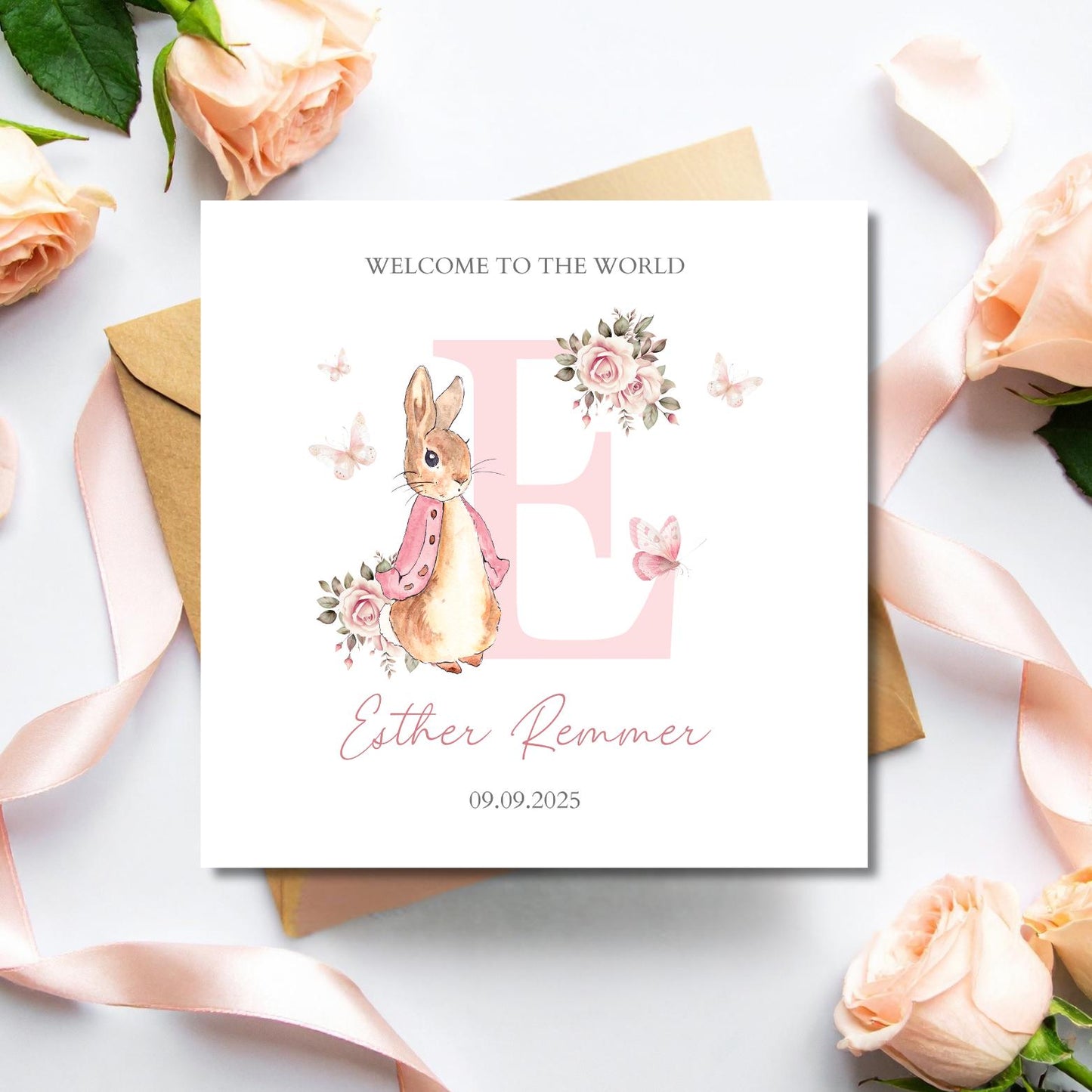 Personalised Flopsy Bunny Rabbit New Baby Card, Personalised New Baby Girl Greeting Card ,Baby's Name Initial Card, Bunny Rabbit Card