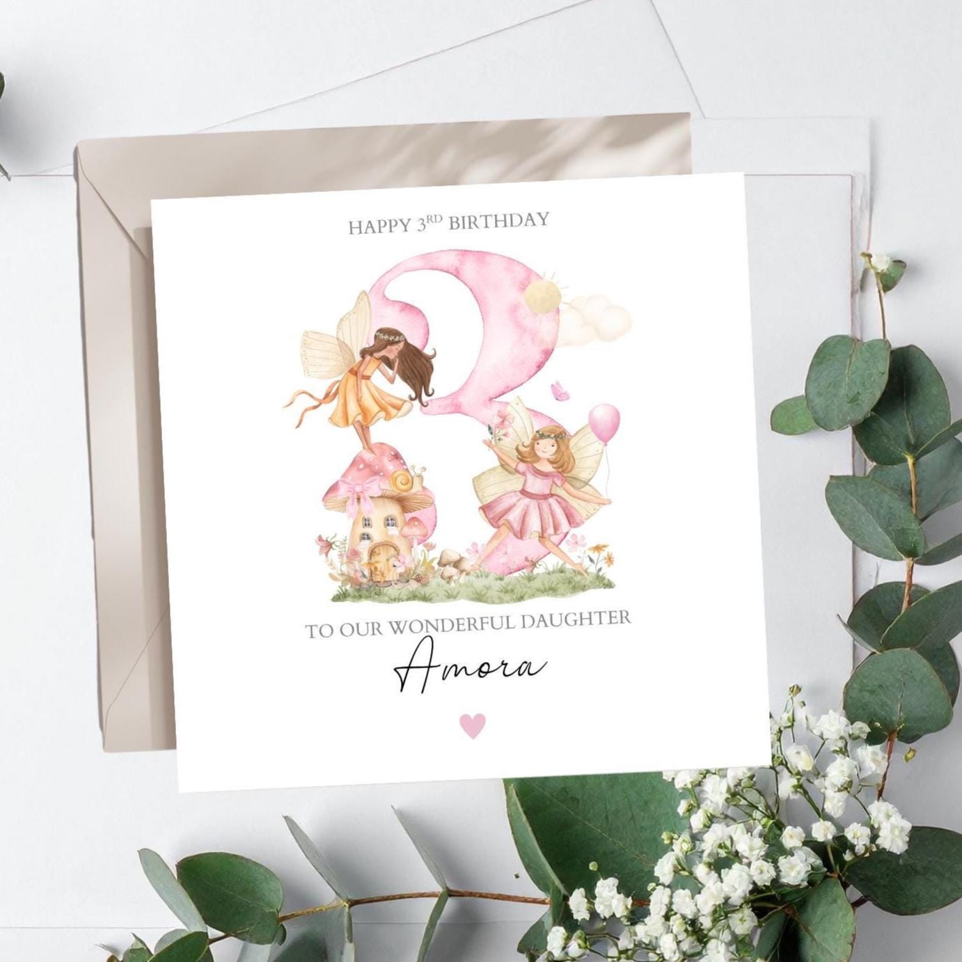 Personalised Third Birthday Fairy Card |3rd birthday Magic Pink card |2nd, 3rd Birthday Card for Girl, Granddaughter, Daughter, Any Relation