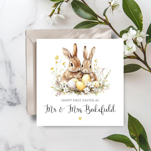 Personalised First Easter as Mr and Mrs Bunny Card, Special Couple Easter Card for Husband and Wife, Friends, Married Couple Easter Card