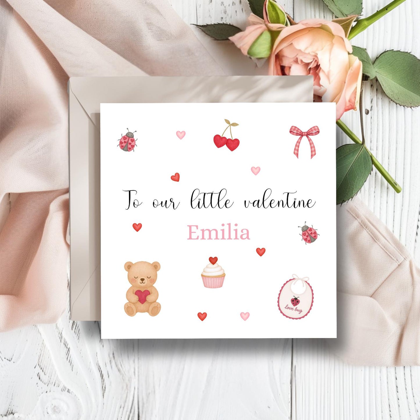 Personalised First Valentine's Day Card, Valentines Day Card for Girl, Cute Pink 1st Valentine's for Daughter, Granddaughter, Sister ,Niece