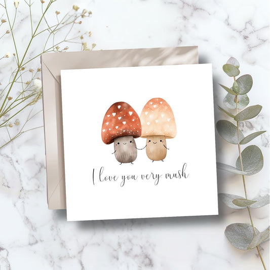 Personalised I Love You Very Mush Card, Personalised Mushroom Pun Valentine Card for Wife, Girlfriend, Mushroom In Love Design