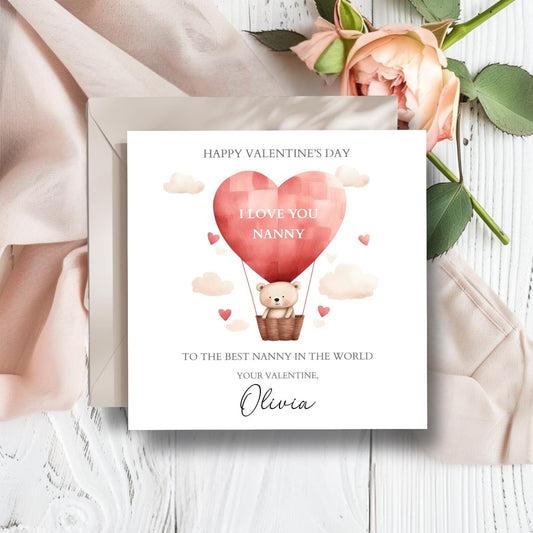 Personalised Nanny Valentines Day Card, Valentines Day Card for Grandma, Bear Balloon 1st Valentine's Card for Mum, Grandma,Any Relation