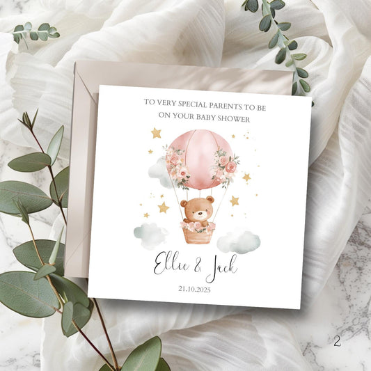 Personalised Baby Shower Card Pink Bear Balloon | Girl Baby Shower Card, Mummy to be Pregnancy Card, Baby Shower Gift for Baby Girl