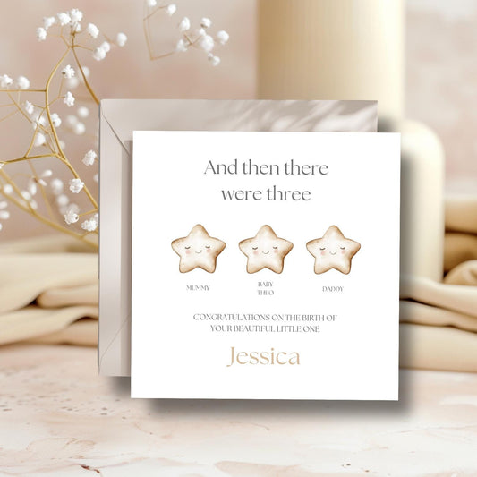 Personalised New Baby Card -Welcome to the World Card -Neutral Beige Stars Keepsake Card- Personalised Stars Card-Then There Were Three Card