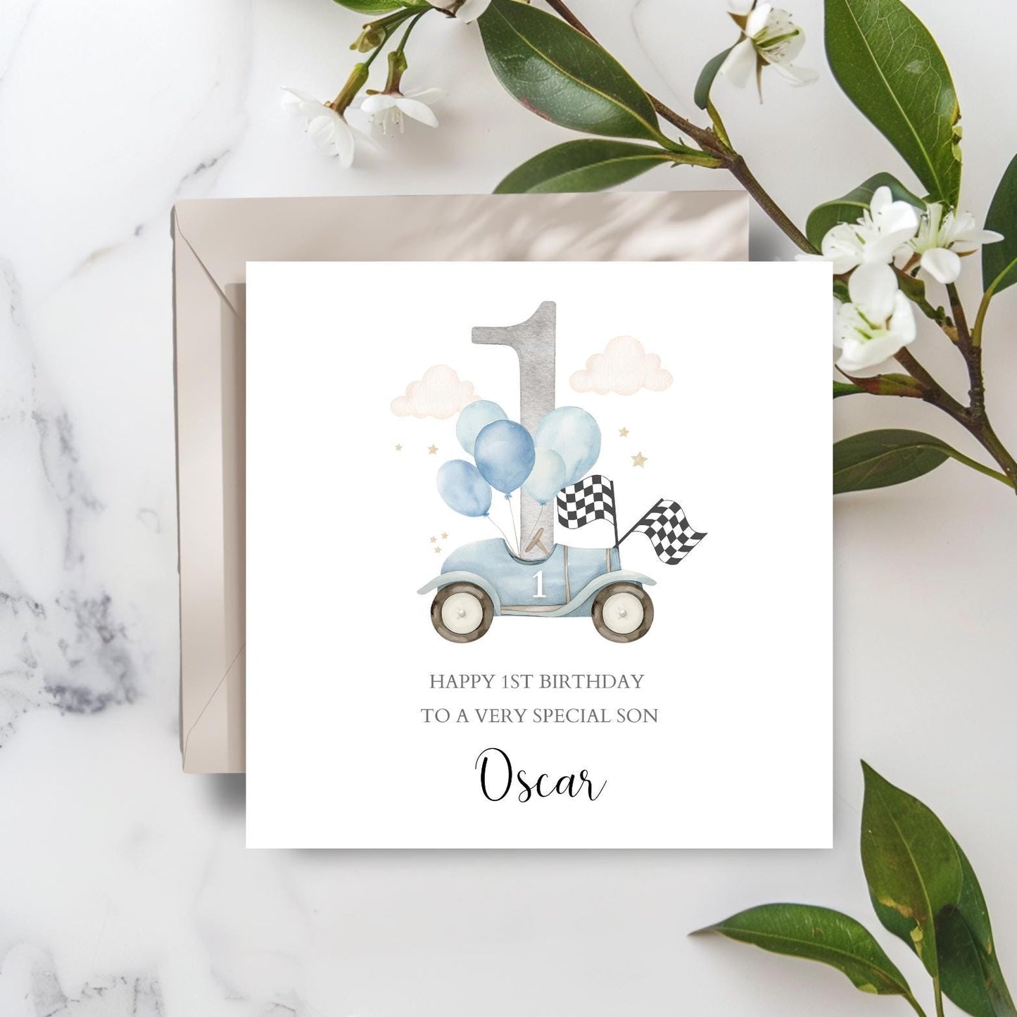 Personalised Third Birthday Race Car Card | Boy Blue 3rd Birthday Car Card| 1st,2nd,3rd Birthday Card for Son, Grandson, Nephew,Any Relation