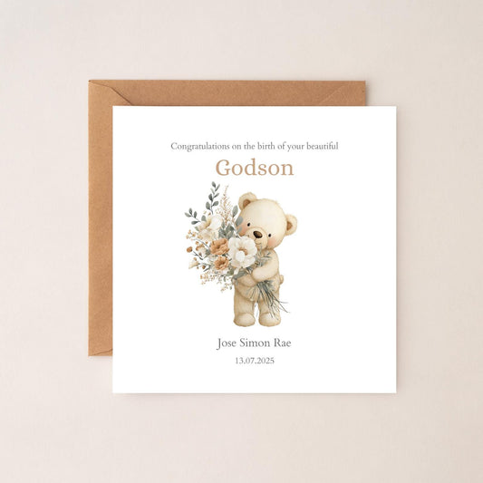 Personalised New Godson Card - Personalised Baby Card for Godson- Bear Godson Card- Personalised Newborn Card RD10