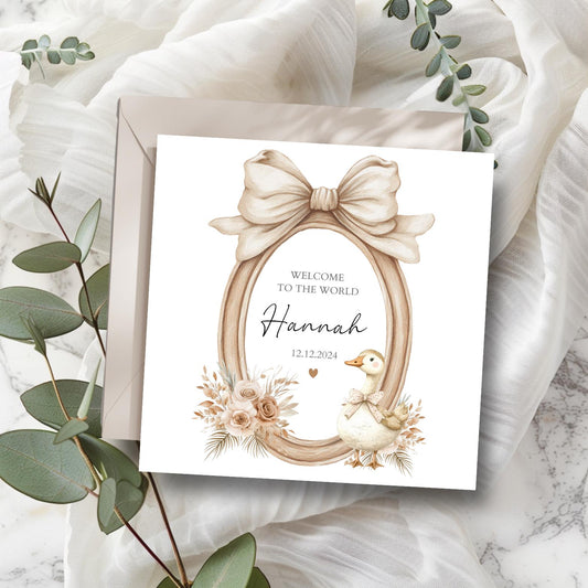 Personalised New Baby Goose Card - Neutral Welcome to the World Card - Silly Goose New Baby Card- Personalised Newborn Card
