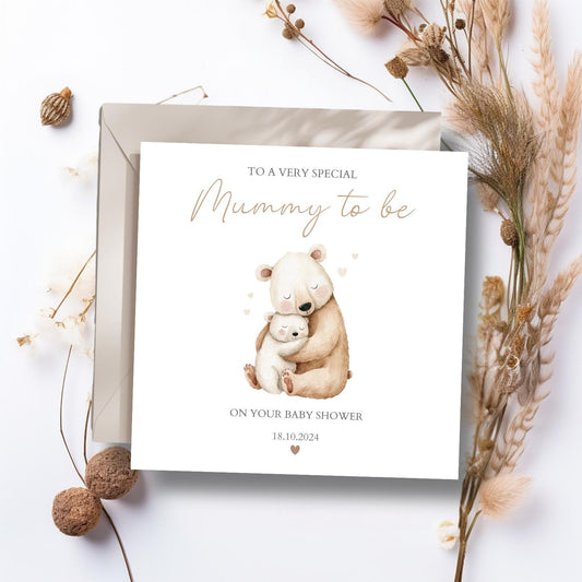 Personalised Mum to Be Card - Baby Shower Neutral Bear Card - Cuddle Bear Card Mummy to be- Personalised Card For Mum