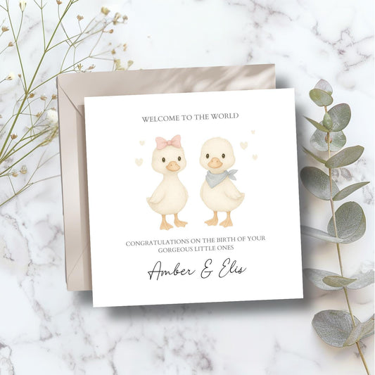 Personalised New Baby Twin Card, Personalised Baby Twin Greeting Card ,Geese New Baby Twin Card, Twin Girls, Twin Boys, Welcome to the World