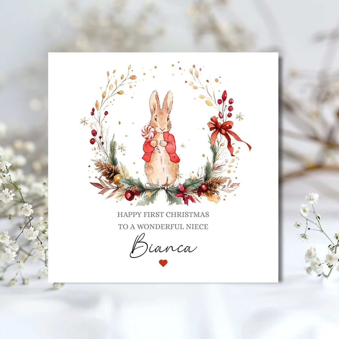 Personalised Peter Rabbit Christmas Card, First Christmas Card, Bunny Rabbit Card for Daughter, Son, Granddaughter Any Relation