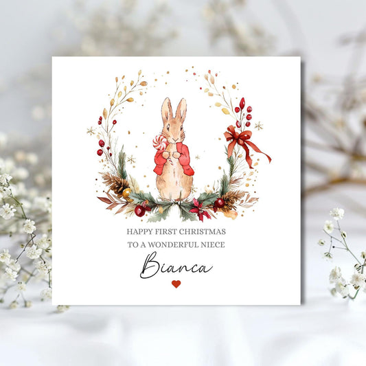 Personalised Peter Rabbit Christmas Card, First Christmas Card, Bunny Rabbit Card for Daughter, Son, Granddaughter Any Relation