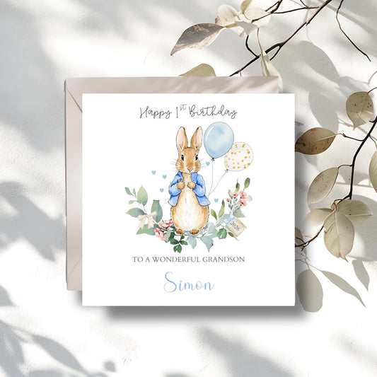 Personalised Peter Rabbit Birthday Card, Flopsy Bunny 1st, 2nd Birthday Card for Boy or Girl  ,Daughter, Grandson, Any Relation, Any Age