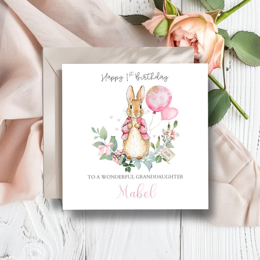 Personalised Peter Rabbit Birthday Card, Flopsy Bunny 1st, 2nd Birthday Card for Boy or Girl  ,Daughter, Grandson, Any Relation, Any Age