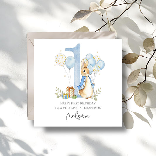 Personalised Flopsy Bunny Rabbit Birthday Card, Peter Rabbit 1st Birthday Card for Boy or Girl  ,Daughter, Grandson, Any Relation