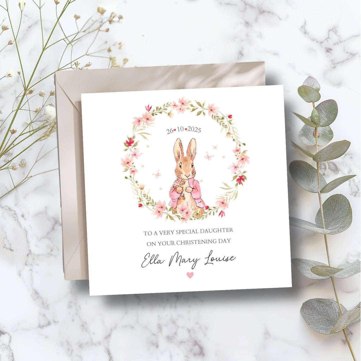 Personalised Flopsy Bunny Christening Card, Baptism Flopsy Bunny Card, Christening card for Daughter,Granddaughter, Goddaughter,Any Relation