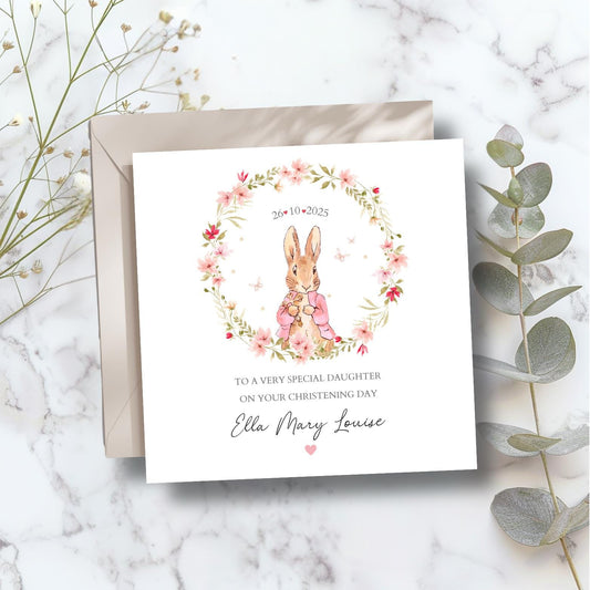 Personalised Flopsy Bunny Christening Card, Baptism Flopsy Bunny Card, Christening card for Daughter,Granddaughter, Goddaughter,Any Relation